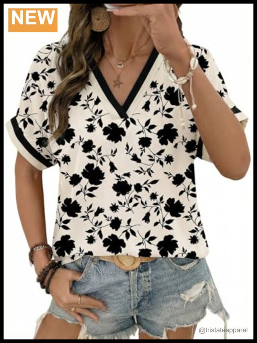 Women's V Neck Floral Short Sleeve Tunic T-Shirt Loose Fit